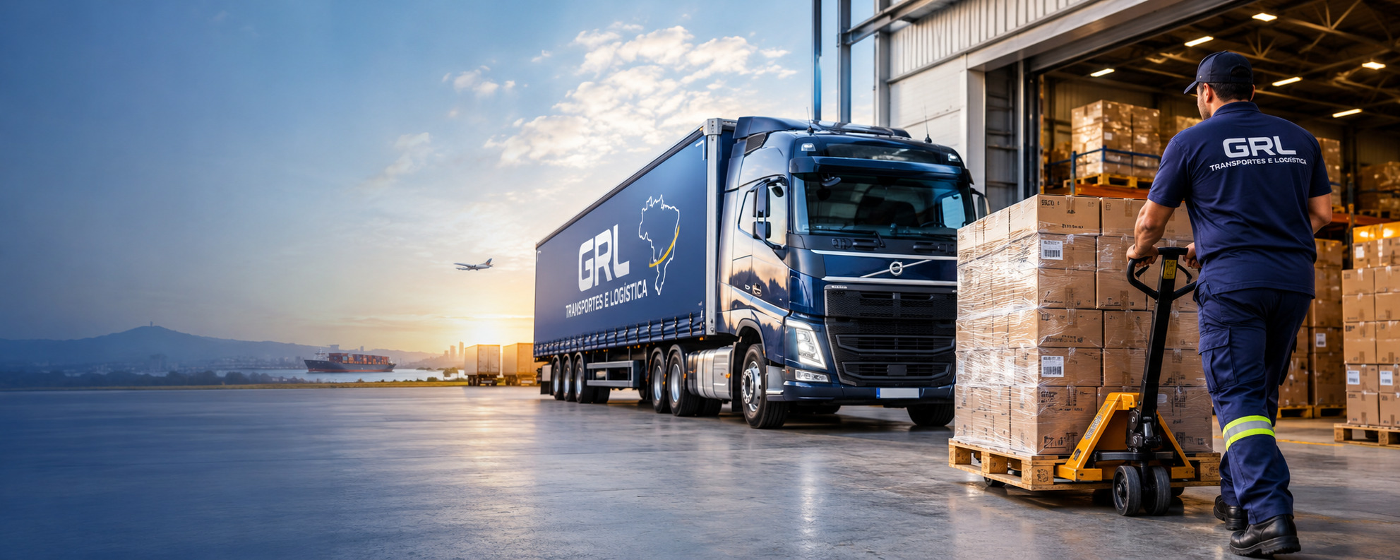 Caminhão de carga da Grupo G.R.L em rodovia brasileira ao anoitecer