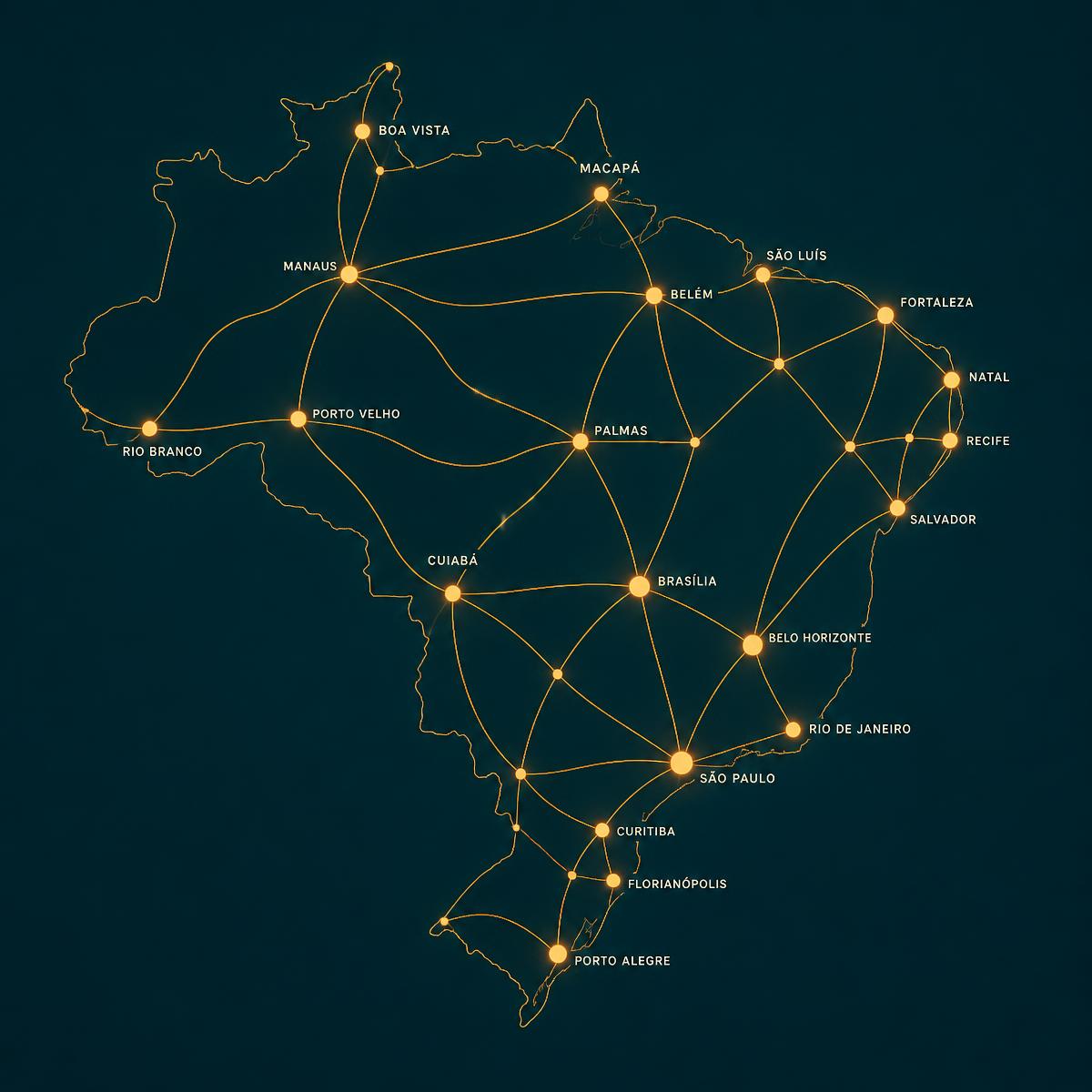 Mapa estilizado do Brasil com rotas logísticas conectando as regiões do país